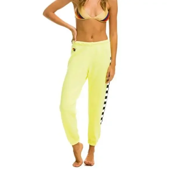 Aviator Nation Neon Yellow Checkered Stripe Sweatpants Jogger Retro Rare Small - Picture 3 of 16